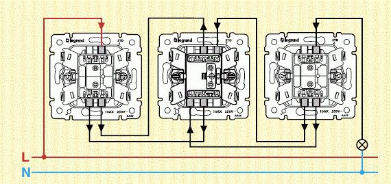 как подключить проходной выключатель с трех мест