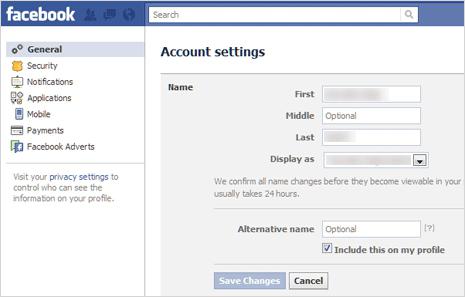 как изменить имя в facebook