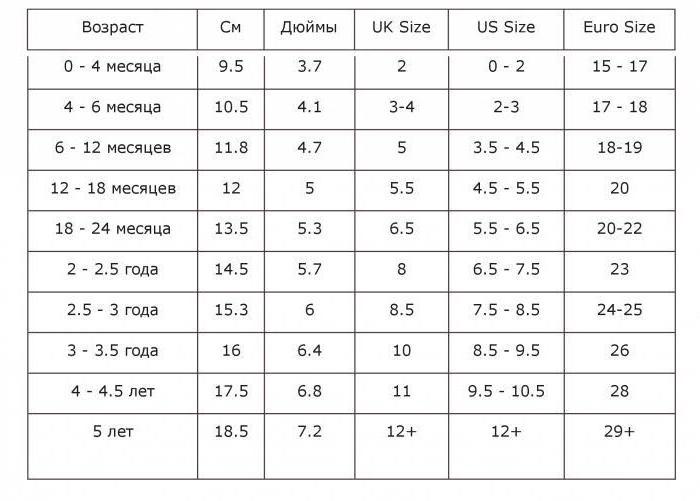 Таблица размеров ноги по возрасту
