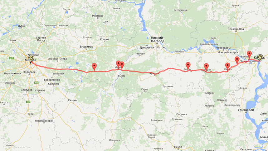 Сколько километров от Казани до Москвы