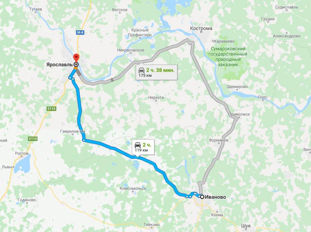 Дорога по карте из Иваново в Ярославль