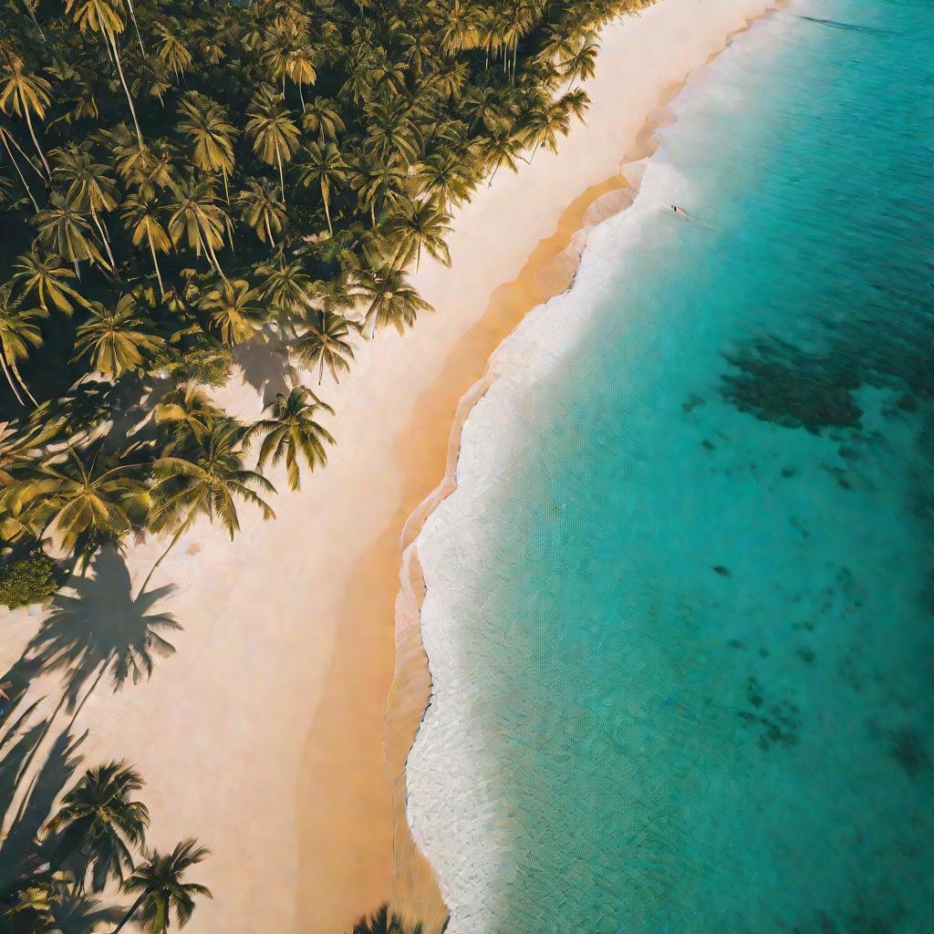 Пляж в тропиках на закате с пальмами и бирюзовой водой
