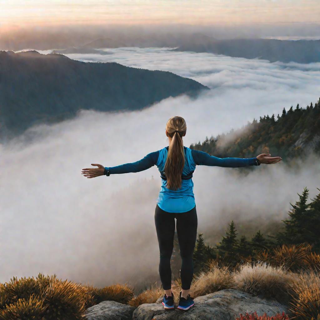 Женщина на вершине горы на рассвете в спортивной одежде