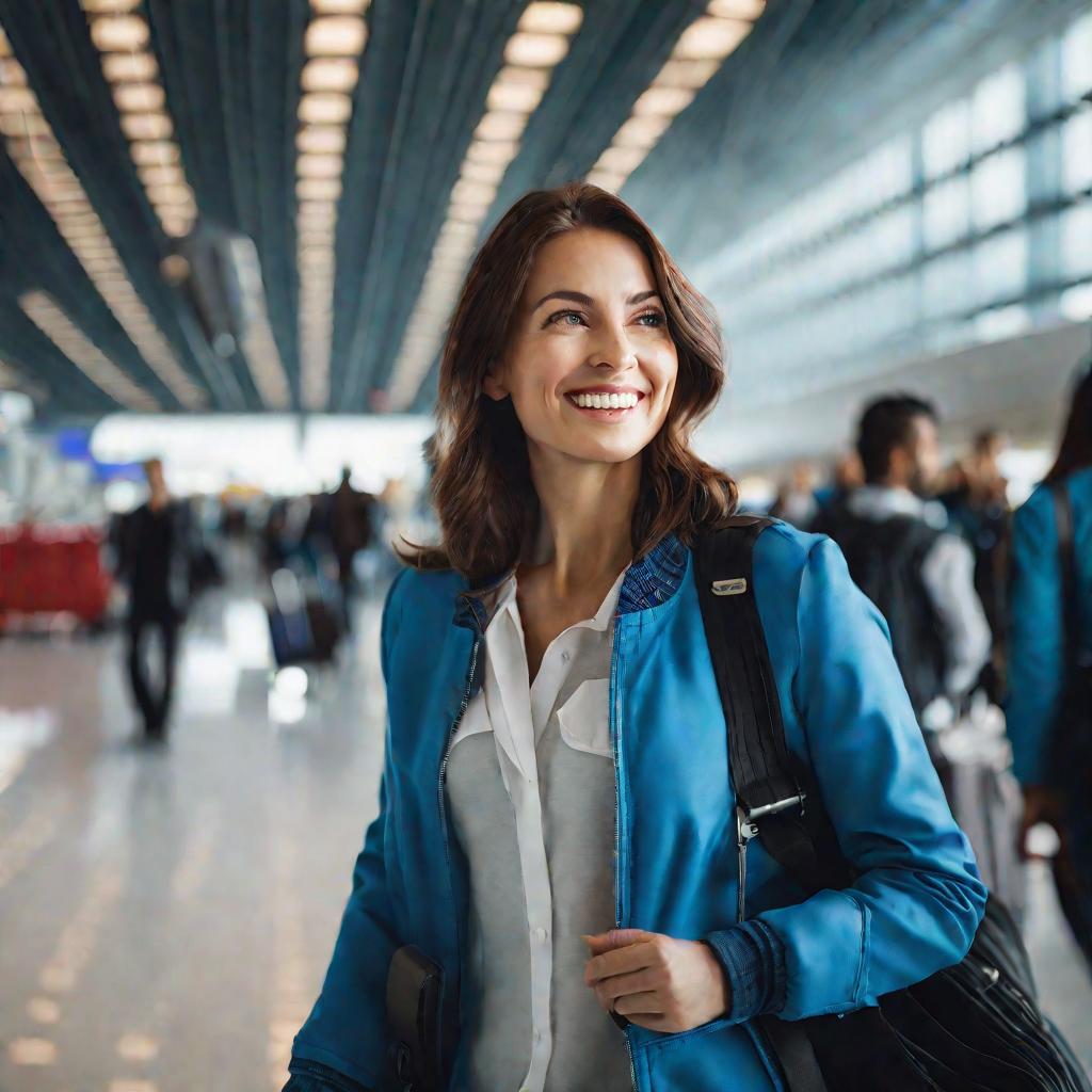 Крупный портрет улыбающейся женщины в синей куртке, мечтательно смотрящей в окно аэропорта, с багажом рядом и размытыми проходящими позади пассажирами. Мягкое естественное освещение создает бодрое, спокойное настроение.