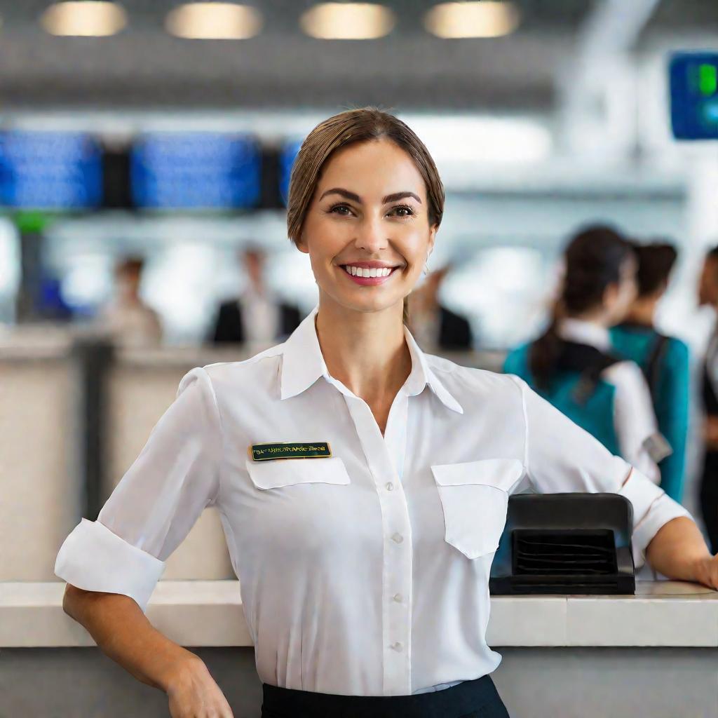 Портрет женщины-агента регистрации в форме за стойкой регистрации. Она приветливо улыбается, готовая помочь пассажирам.