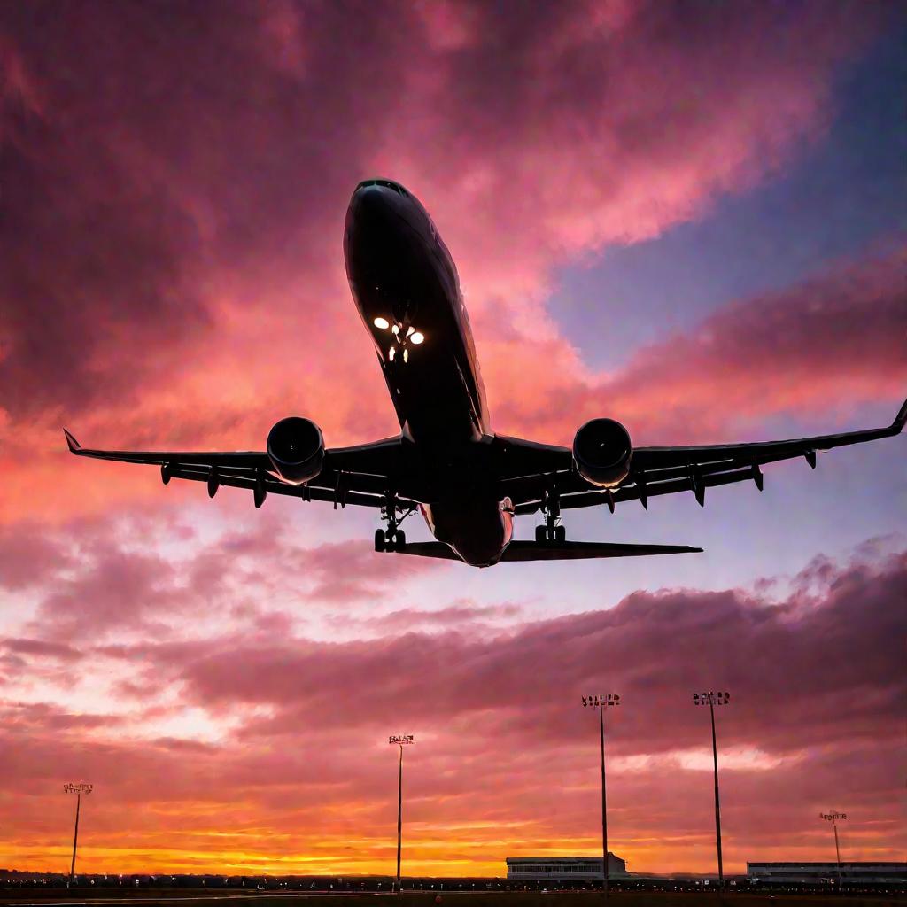 Вид снизу на самолет, приземляющийся на взлетно-посадочную полосу аэропорта Белгород на фоне драматичного вечернего неба. Посадочные огни самолета ярко светятся при заходе на посадку. Закатное освещение создает богатые оранжевые и розовые облака позади си