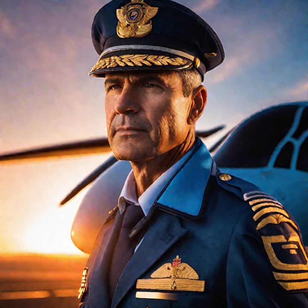 Портрет пилота на фоне самолета на закате.