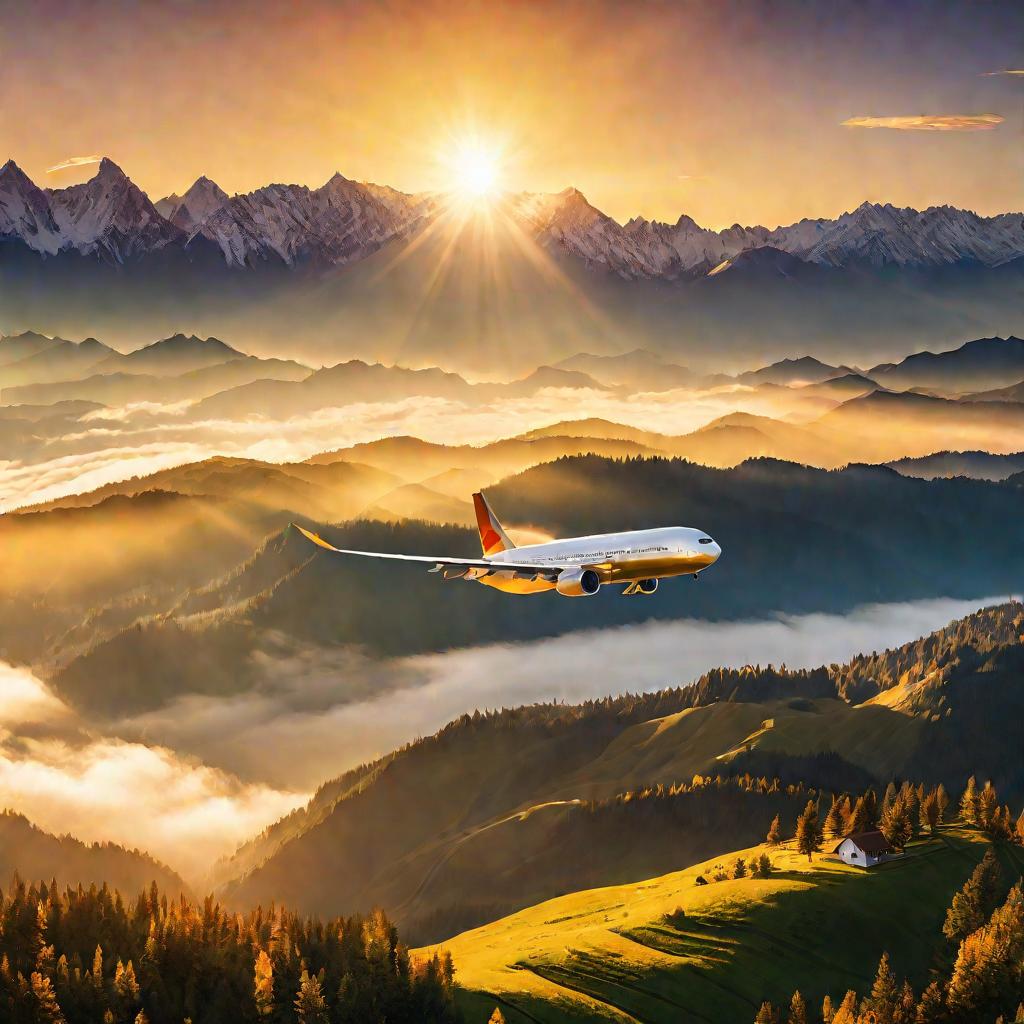 Самолет пролетает над горами на восходе солнца.