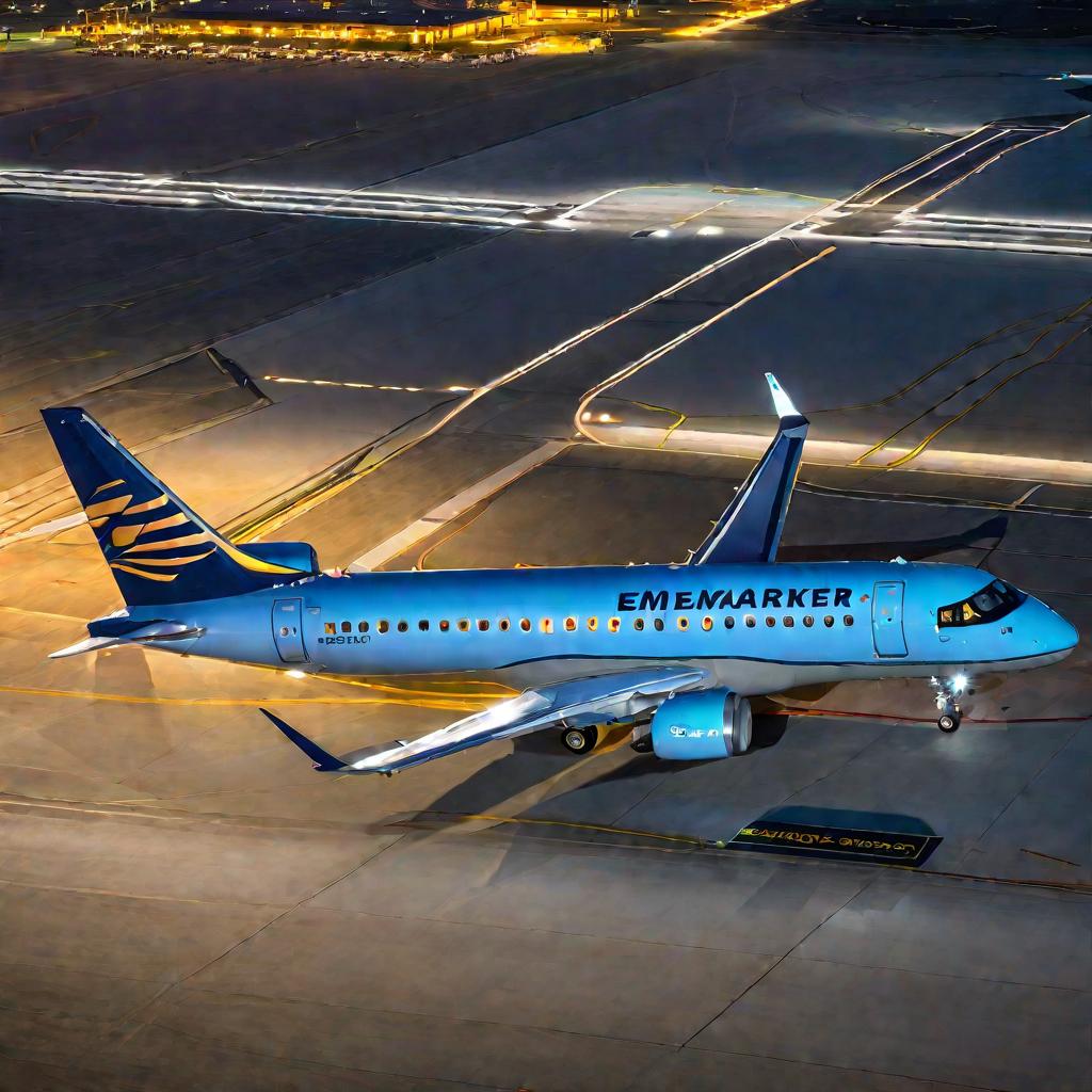 Самолет Embraer 190 рулит по взлетной полосе на закате