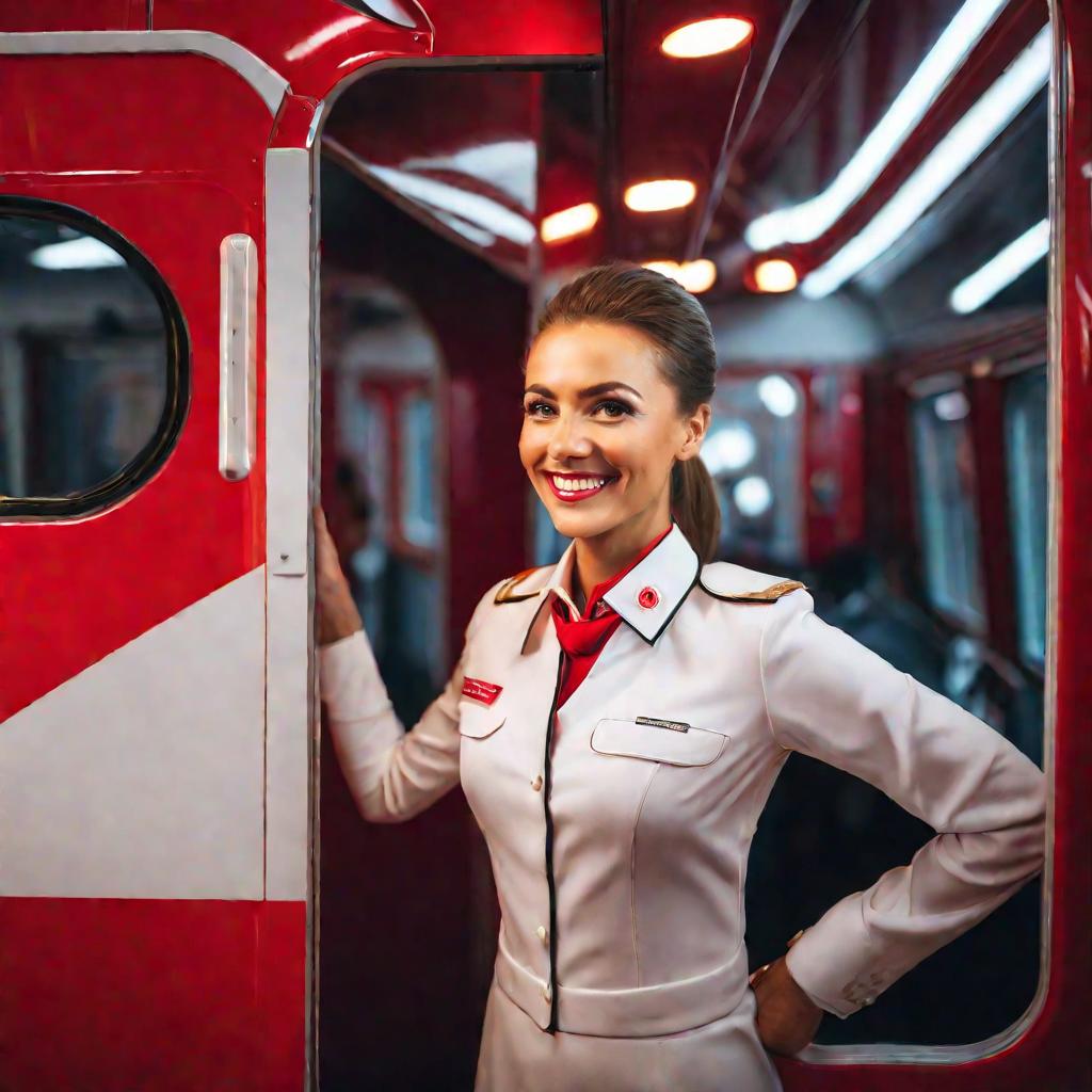 Близкий портрет улыбающейся проводницы в форме, приветствующей пассажиров на аэроэкспрессе
