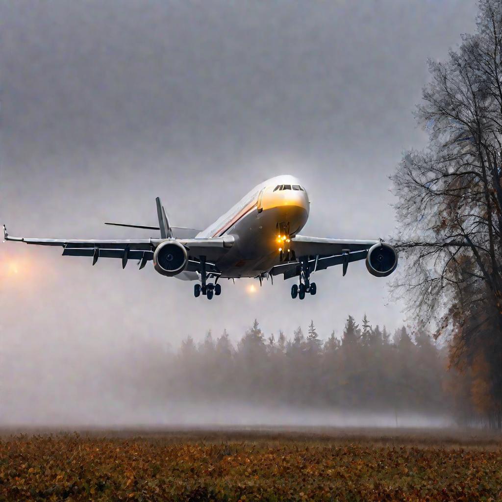 Взлет самолета из аэропорта Брянск в туманное осеннее утро.