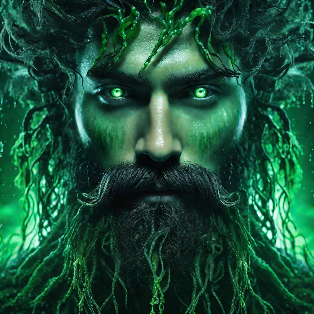 Портрет водяного с зелеными волосами выходящего из озера