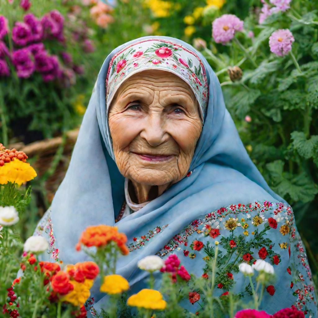 Портрет пожилой русской бабушки в традиционном наряде в ее саду.