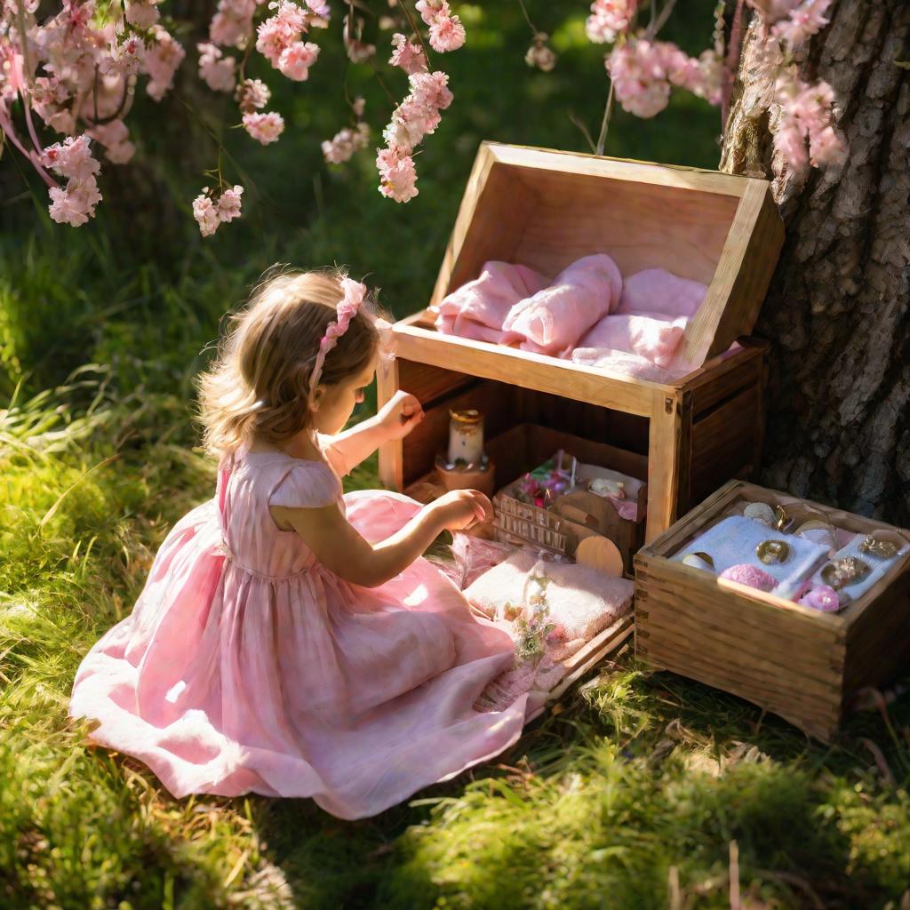 Девочка декорирует шкатулку в лесу