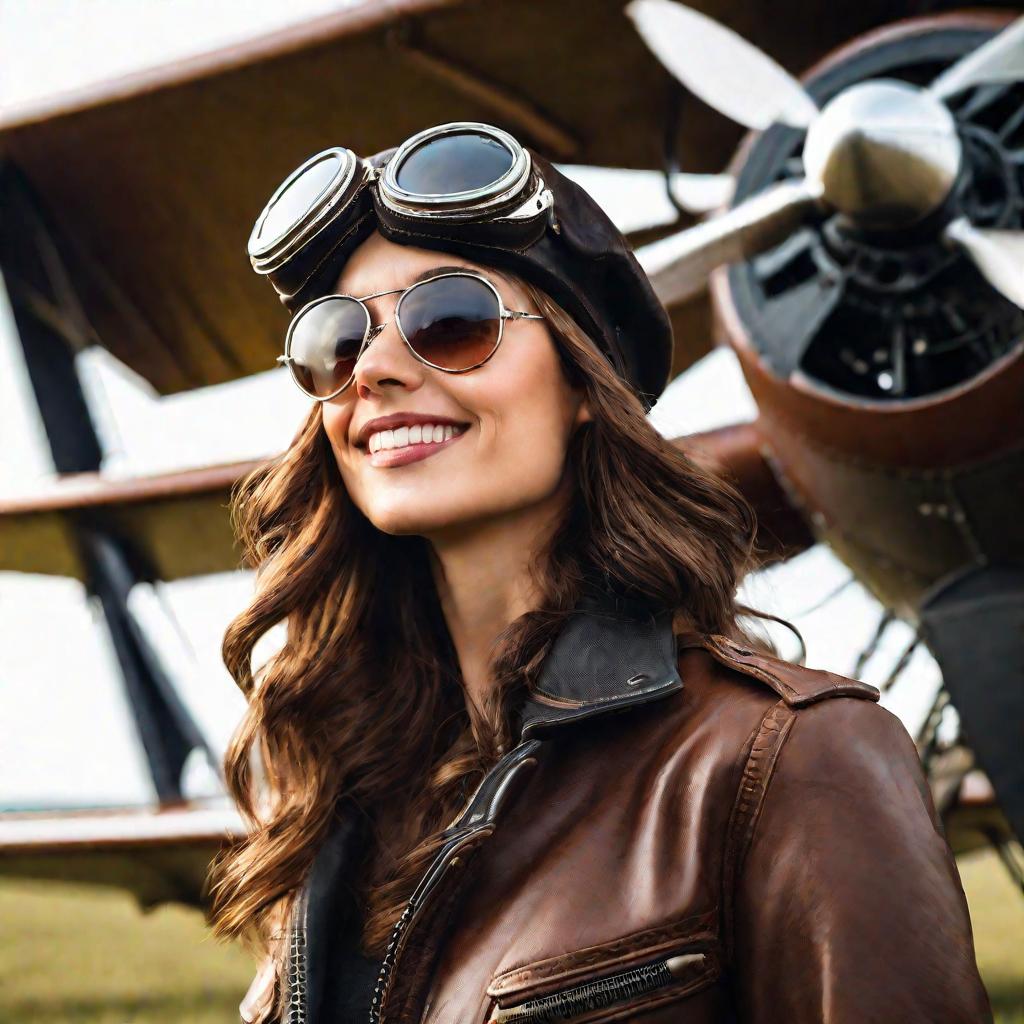 Портрет улыбающейся женщины-пилота в кожаной куртке возле старого самолета.