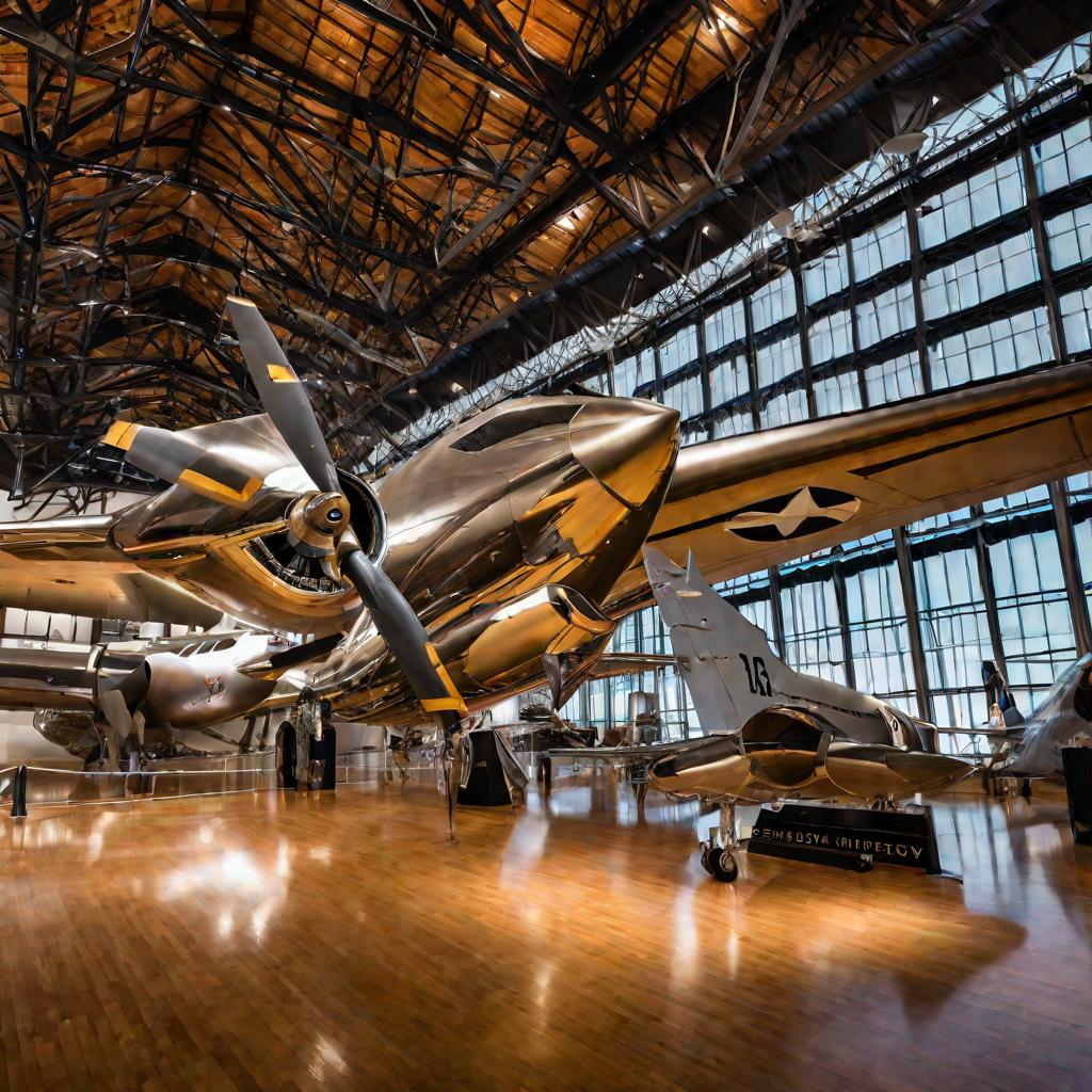 Широкий интерьер зала авиационного музея с экспонатами самолетов и двигателей.