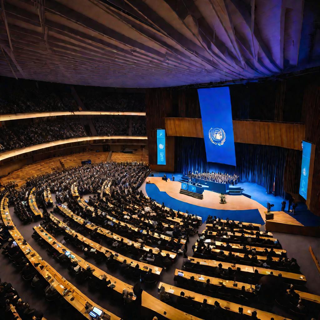Широкий вид ночного заседания Генеральной Ассамблеи ООН с флагом над трибуной