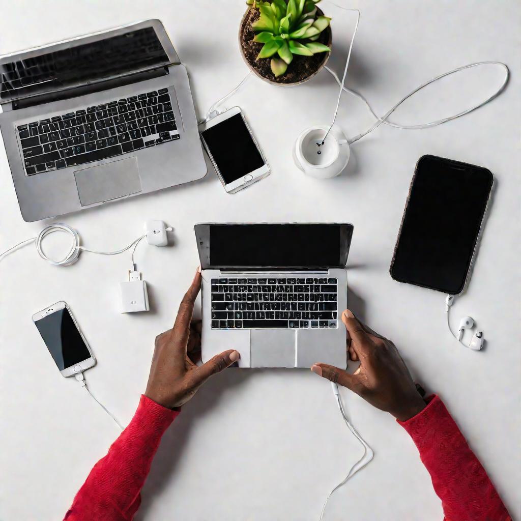 вид сверху на руки человека, держащего смартфон, подключенный USB кабелем к ноутбуку для раздачи интернета