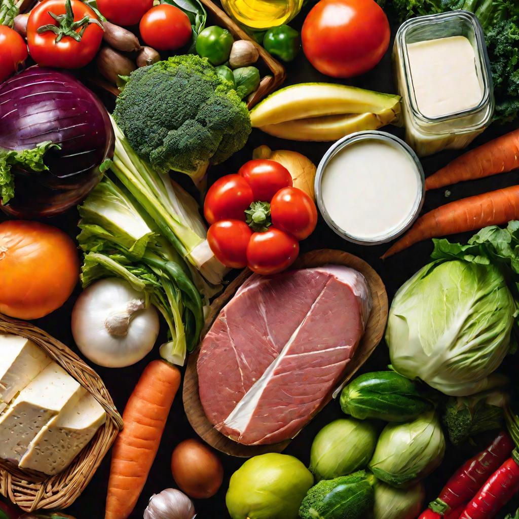 Тележка, полная разных товаров - свежих овощей, молочных продуктов, мяса, предметов одежды.