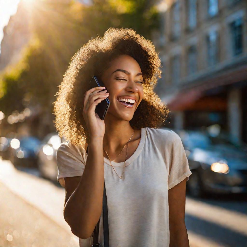 Крупный портрет молодой женщины, радостно разговаривающей по мобильному телефону на улице в солнечный летний день
