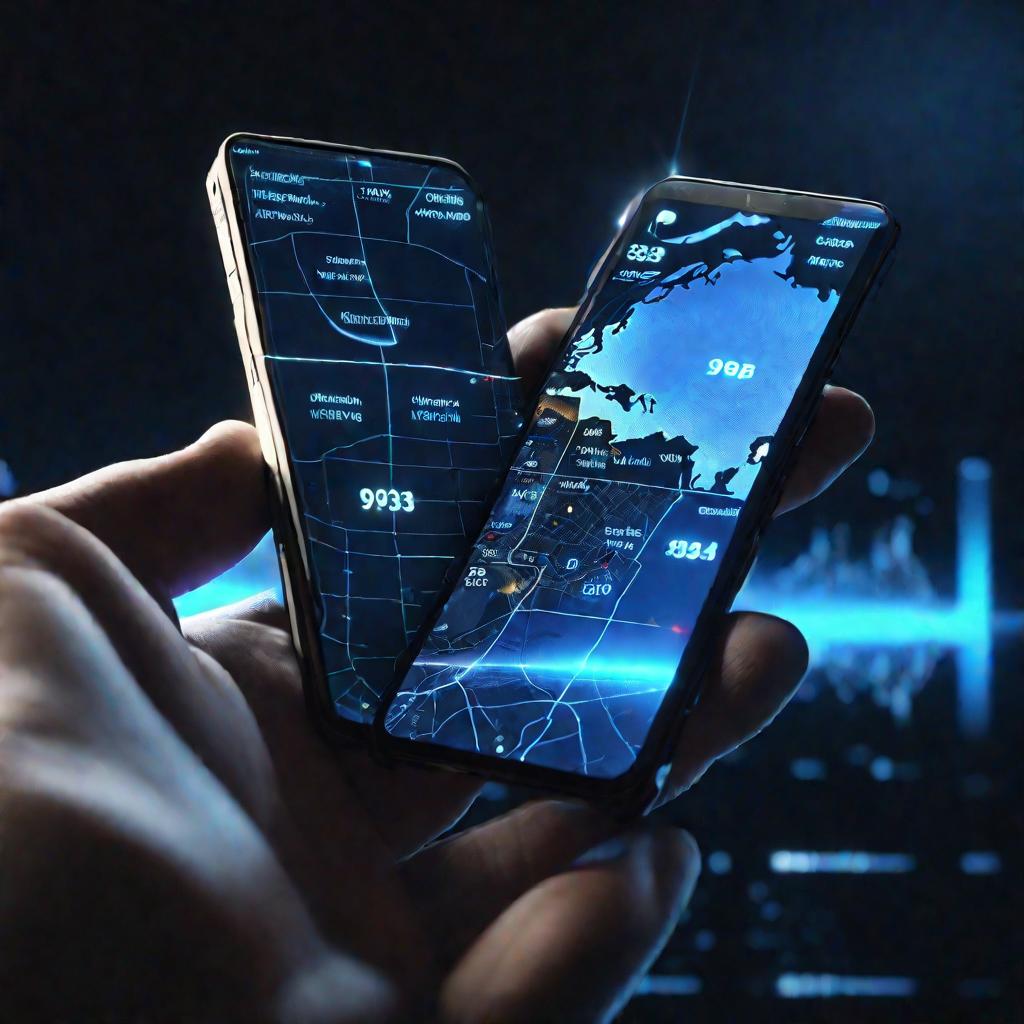 Детальная кинематографическая сцена с рукой, держащей светящийся футуристический мобильный телефон с голографическим дисплеем, на котором отображается номер 938 и карта России