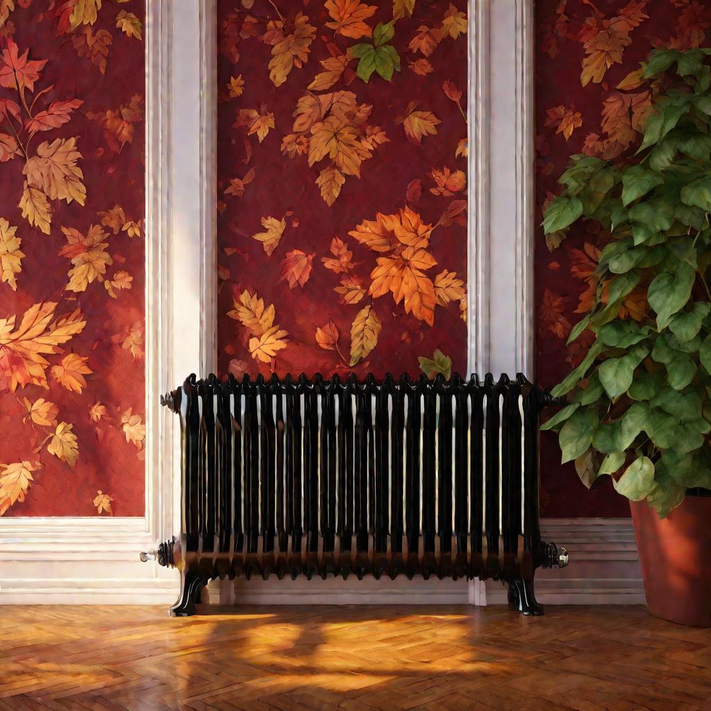 Старинный чугунный радиатор с цветочным орнаментом на кирпичной стене в уютной гостиной в солнечный осенний день.