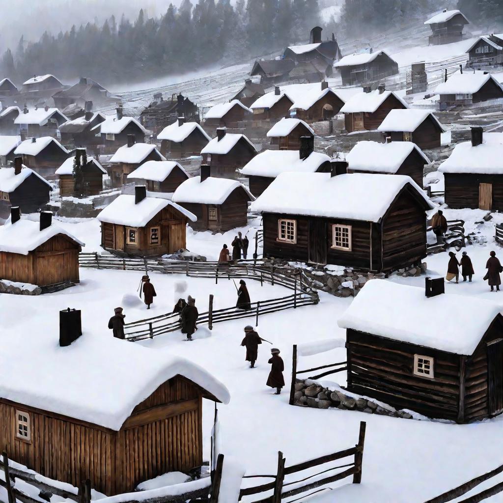 Заснеженная деревня зимой, вид сверху. Из чугунных батарей в домиках поднимается дым, согревая жителей в лютый мороз.
