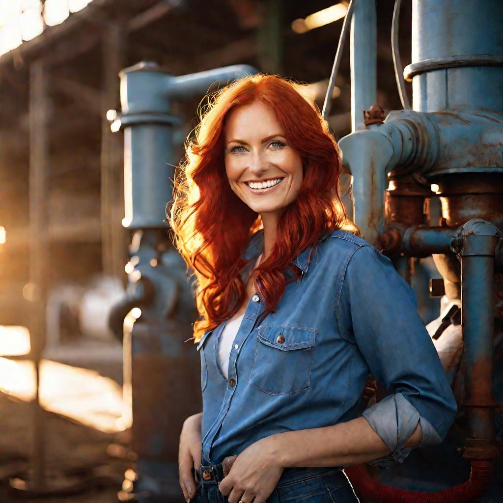Портрет женщины с рыжими волосами, облокотившейся на красный насос.
