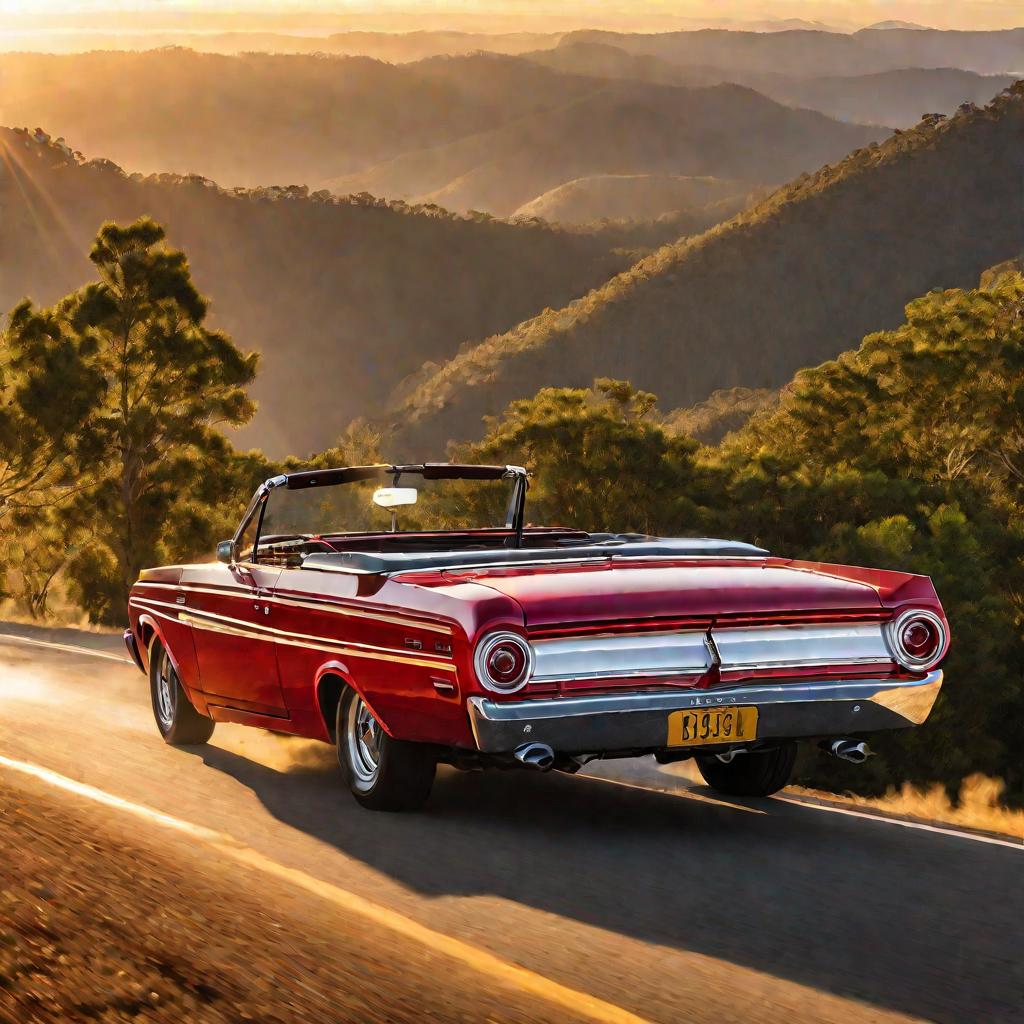 Красный Ford Falcon 1960-х на горной дороге