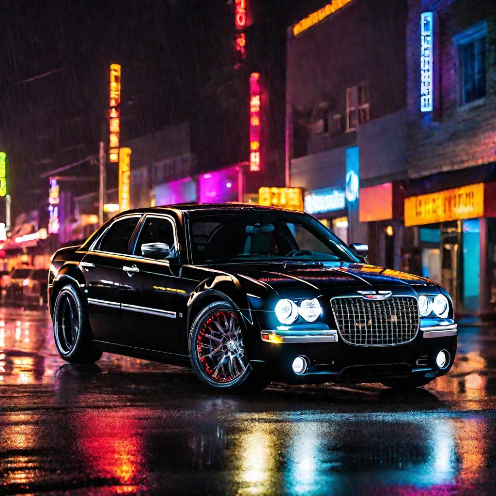 Черный тюнингованный автомобиль ночью под неоновыми огнями города