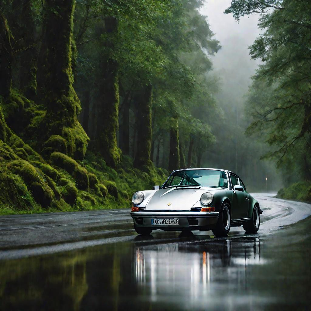 Дождливый день. Серебристый Porsche 911 на повороте мокрой лесной дороги.