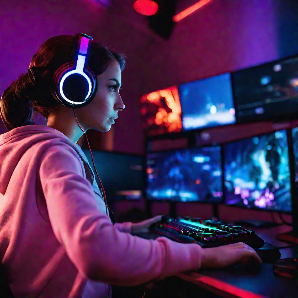 Женщина в сумерках играет с геймпадом в многопользовательскую онлайн компьютерную игру на трех изогнутых игровых мониторах в темной комнате с программируемой цветной фоновой подсветкой, подключаясь к игровому серверу. Сосредоточенное и серьезное выражение