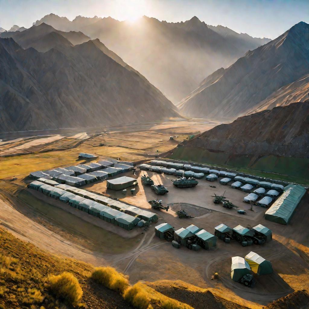 Панорамный вид сверху на горную военную базу в Таджикистане осенью