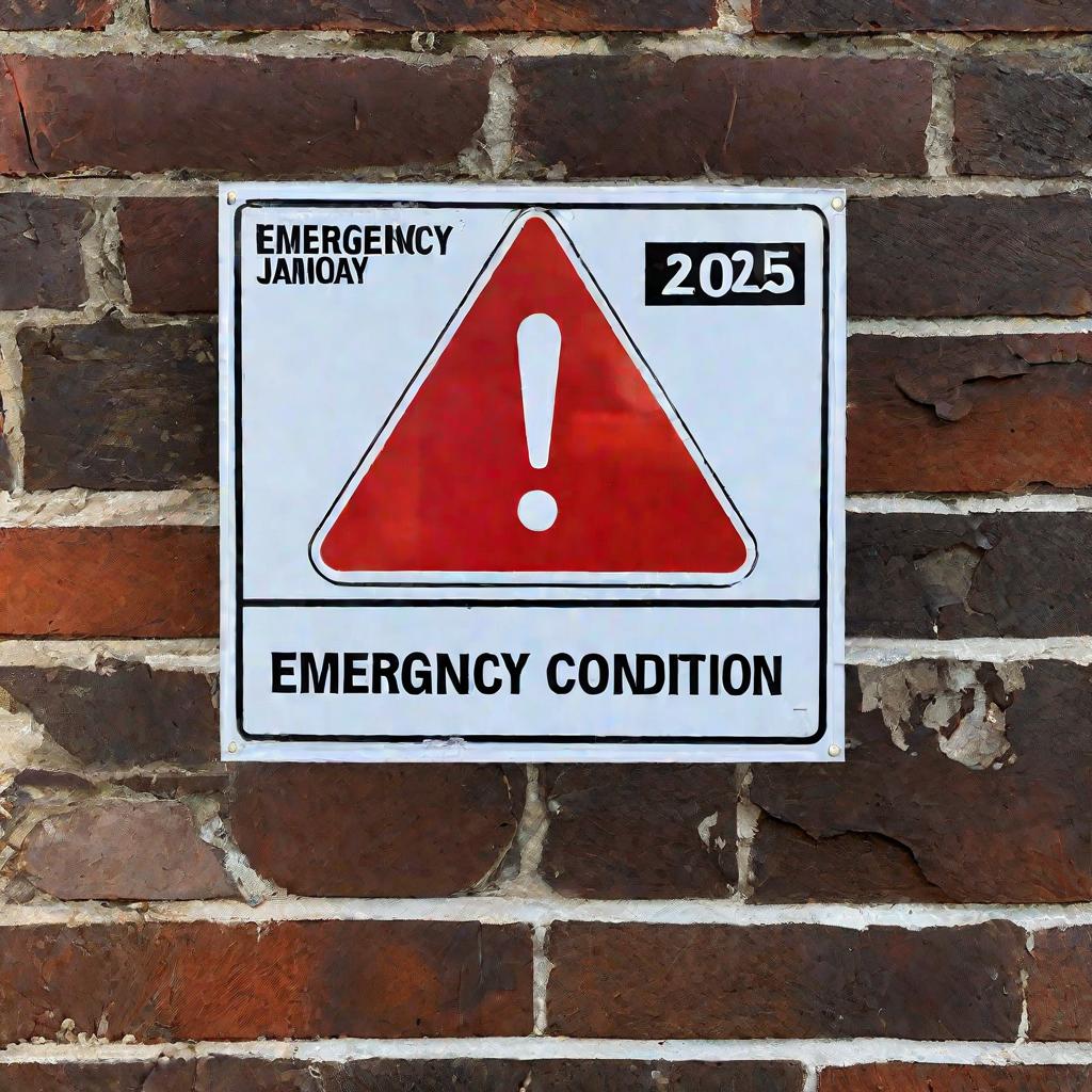 Близкий план предупредительной таблички на стене дома в сумерках. На табличке написано