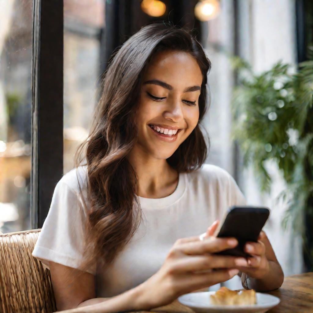 Девушка счастливо просматривает интернет на смартфоне в кафе у окна