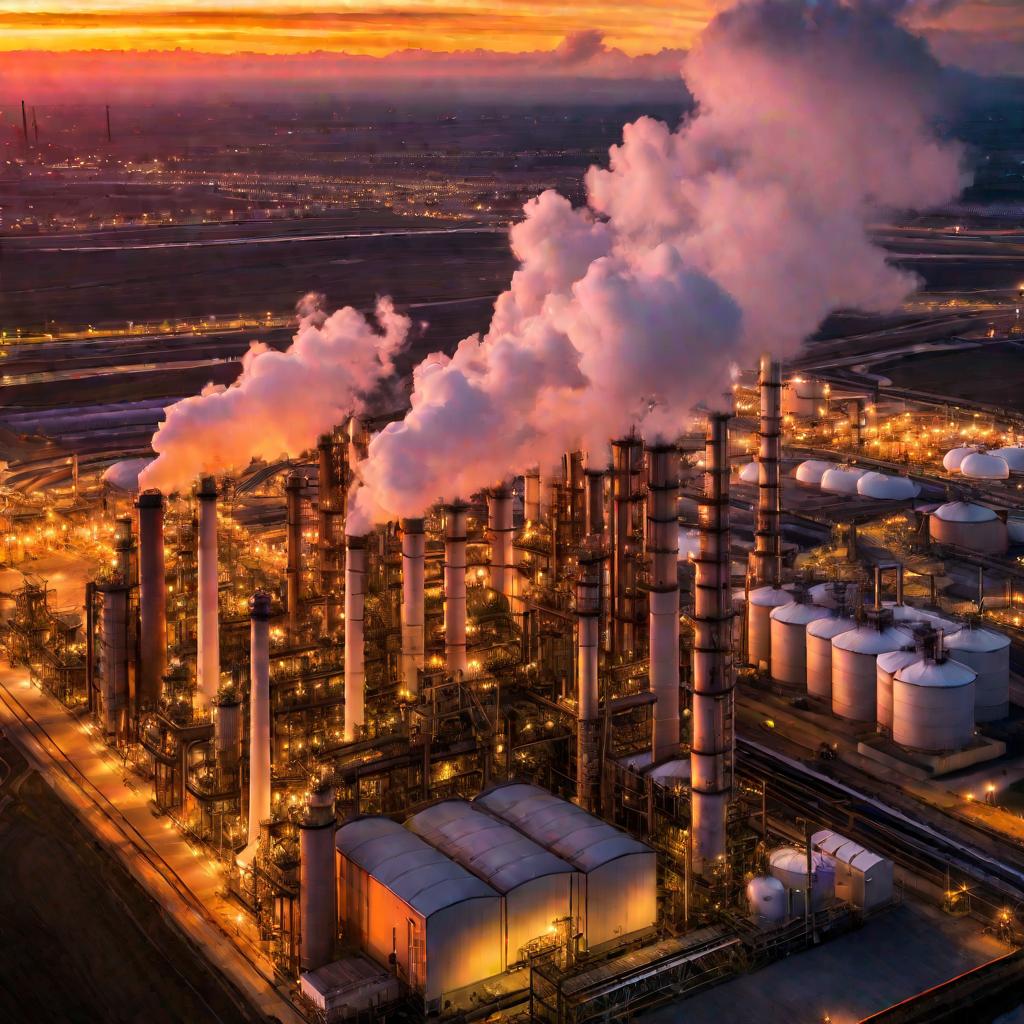 Завод по переработке нефти на закате.