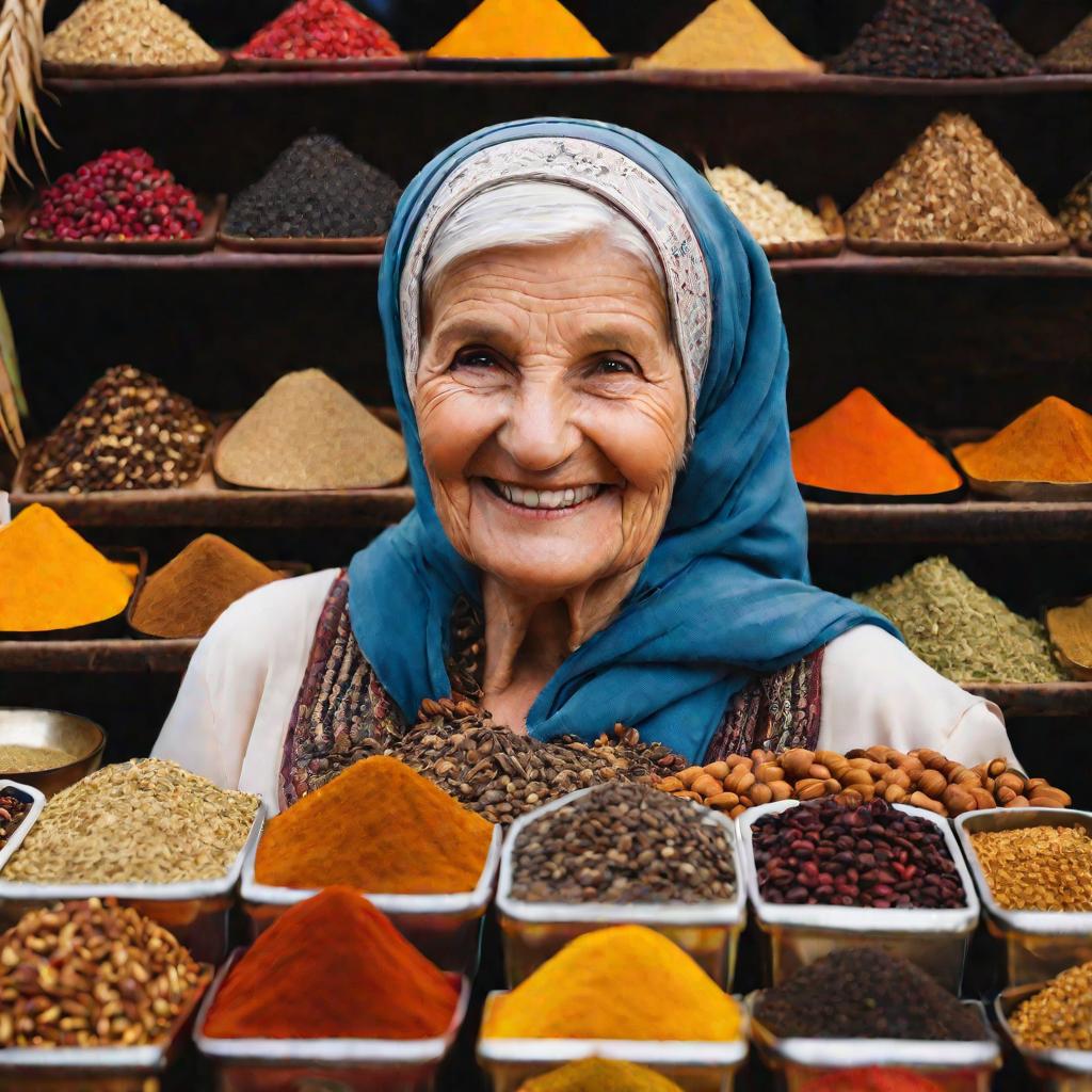 Портрет пожилой женщины на рынке за прилавком с пряностями улыбается