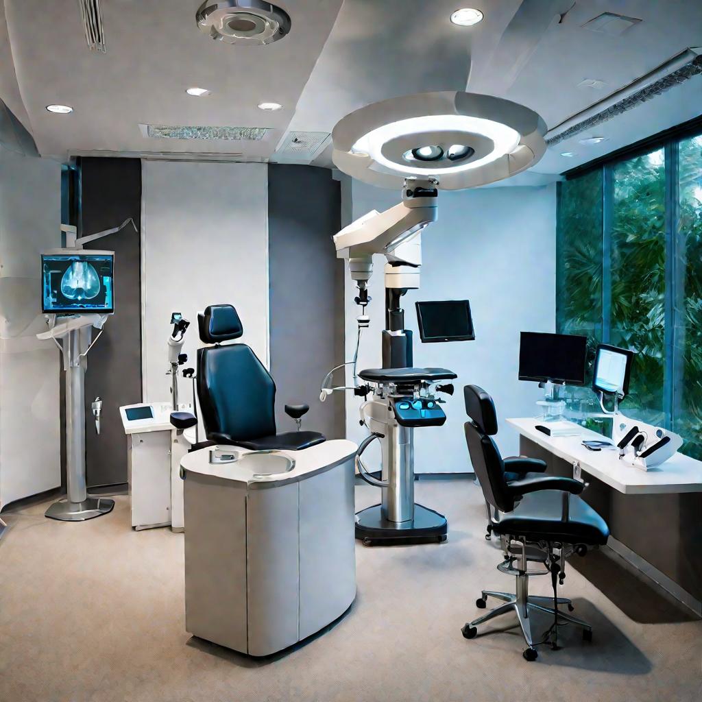 Современный офтальмологический кабинет с креслом для пациента и щелевой лампой