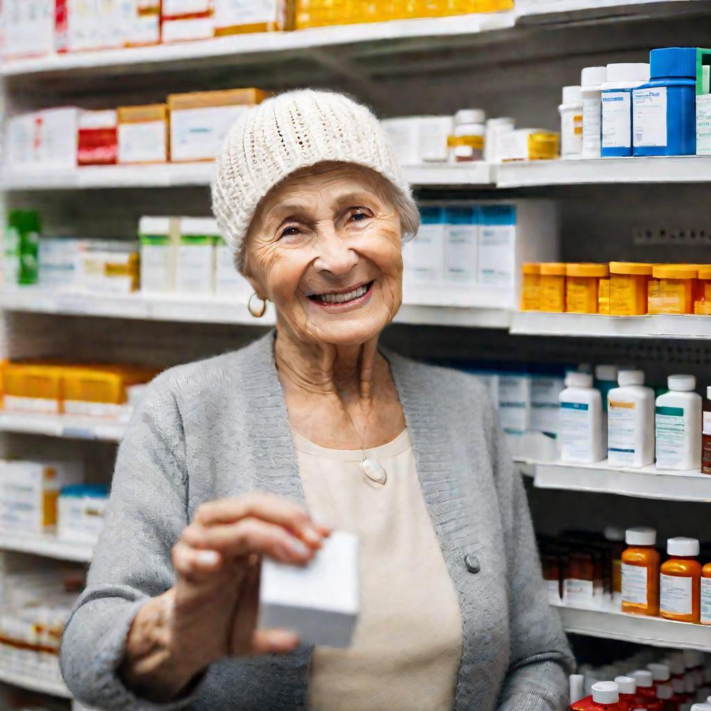 Крупный портрет улыбающейся пожилой женщины в вязаной шапочке, держащей упаковку лекарства в аптеке
