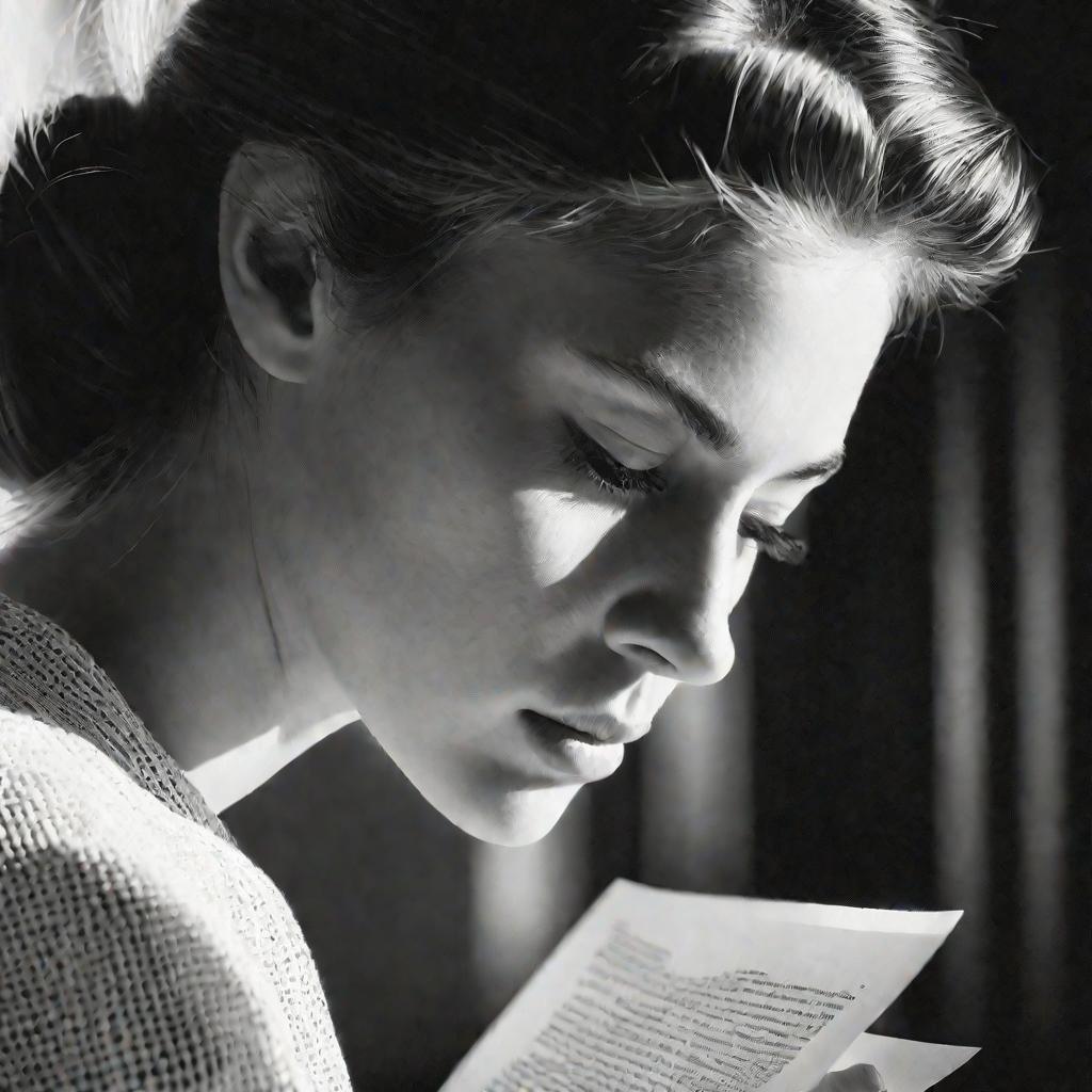 Крупный портрет задумчивой молодой женщины, пристально сосредоточенной на чтении документа, ее глаза пробегают по строкам. В ее выражении - созерцание, а мягкий свет из окна освещает ее лицо. Она постигает смысл и сущность слов.