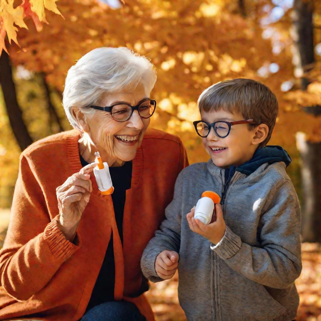 Бабушка демонстрирует внучку ингалятор на природе осенью