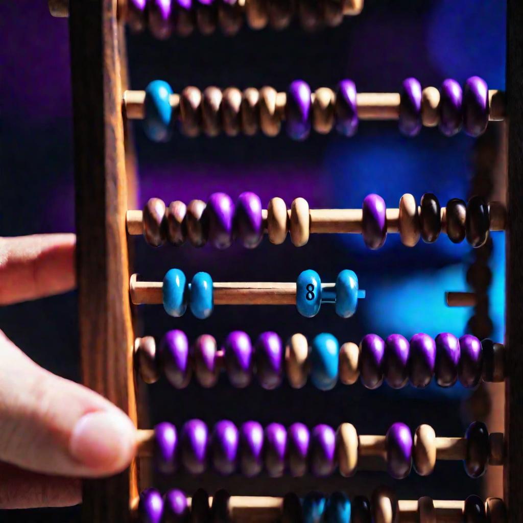 Крупным планом руки держат старинные деревянные счеты, на фоне черного с вспышками синего и фиолетового света