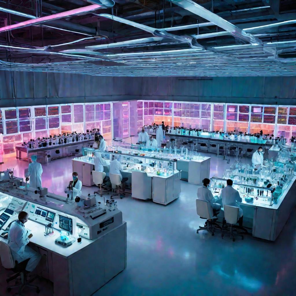 ученые работают в современной лаборатории над голограммами кораблей