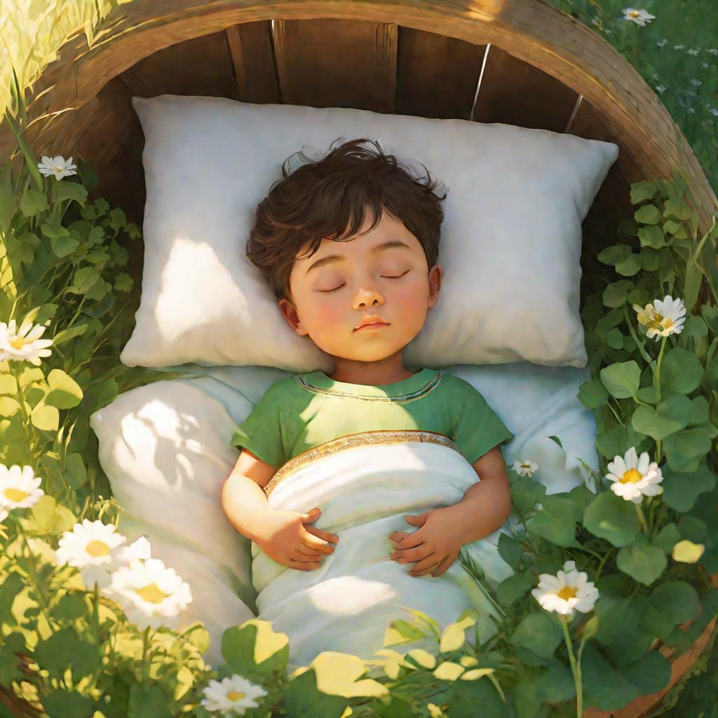 Илюша спит в солнечном свете, ореол вокруг лица намекает на приятные сны