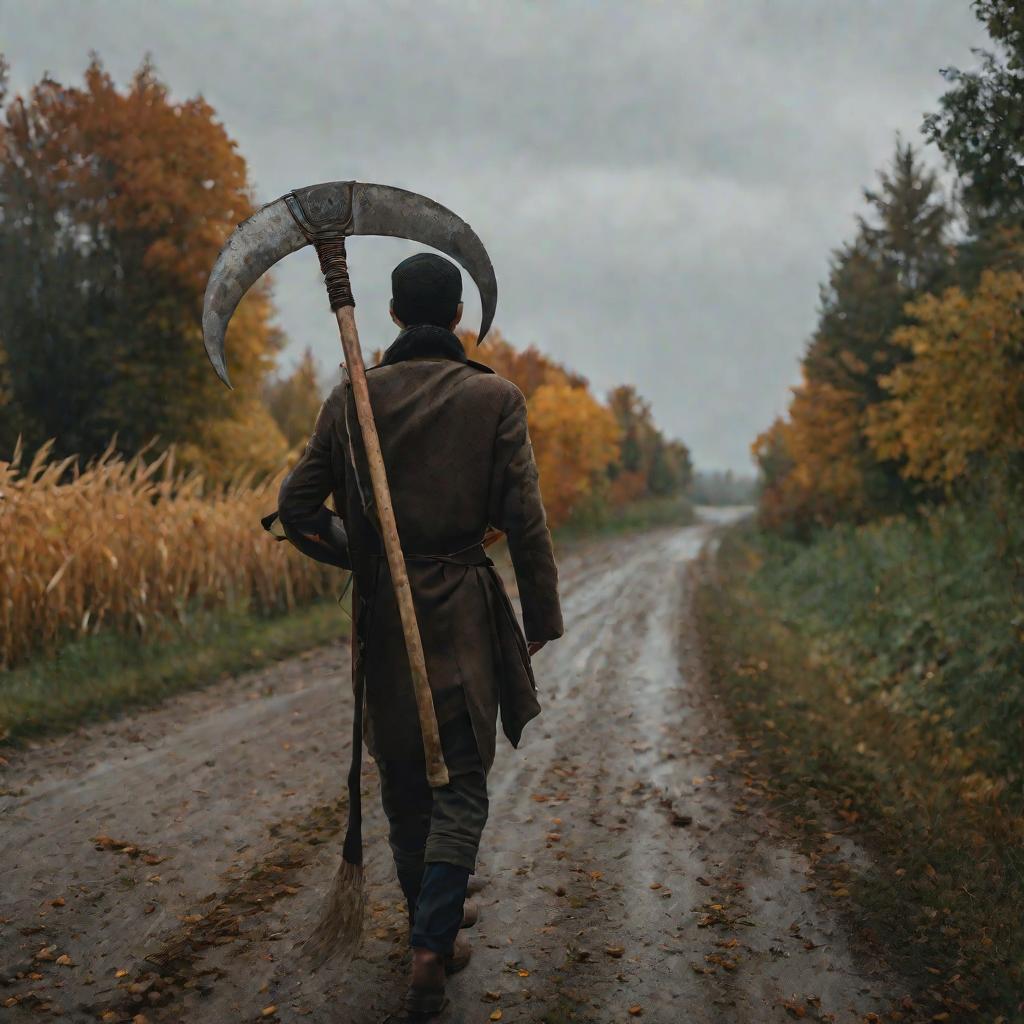 Подросток Илья идет по дороге осенью с косой и мешком, размышляя о своем предназначении в жизни