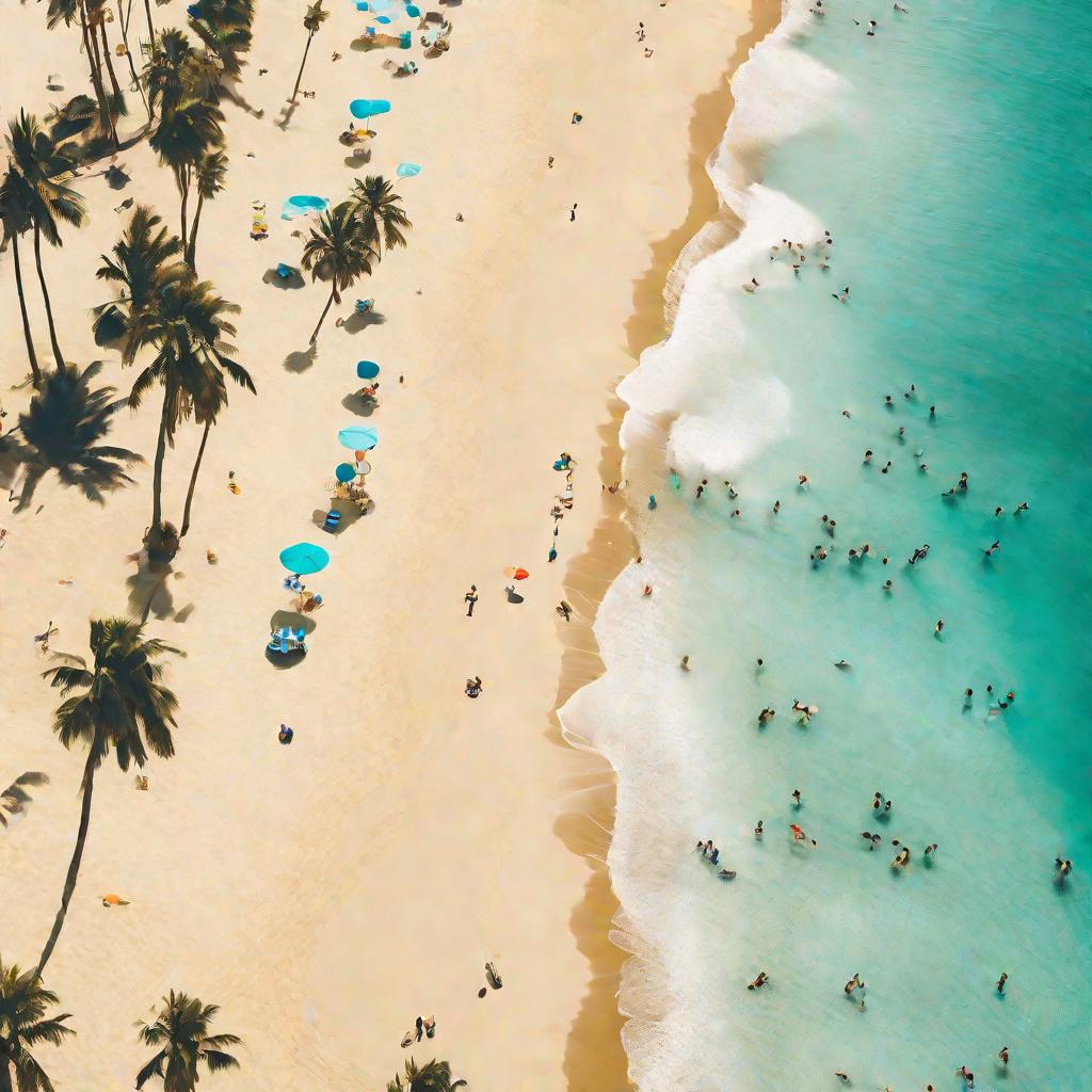 Солнечный летний пляж с пальмами, волнами и песком.