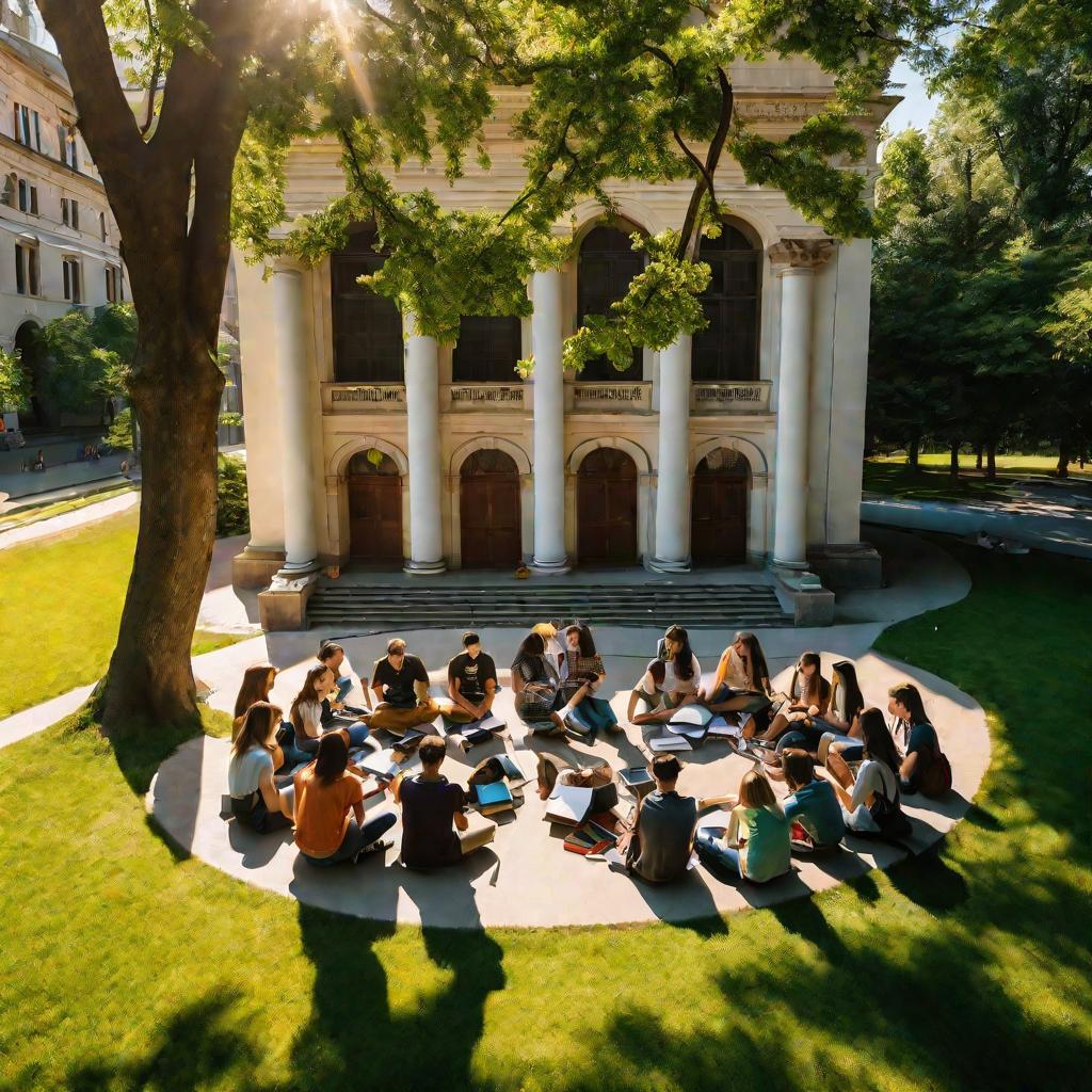 Вид сверху на студентов, сидящих на траве перед историческим зданием и оживленно дискутирующих. Вокруг разбросаны открытые тетради, рюкзаки и гаджеты. Солнце пробивается сквозь густые кроны зеленых деревьев над ними. Теплый летний денек.