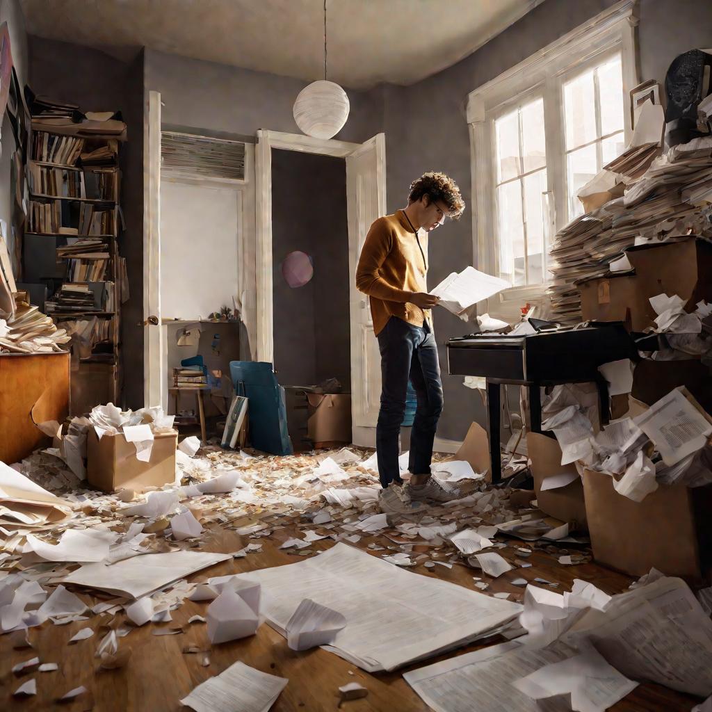 Писатель смотрит на хаос из бумаги в своей квартире