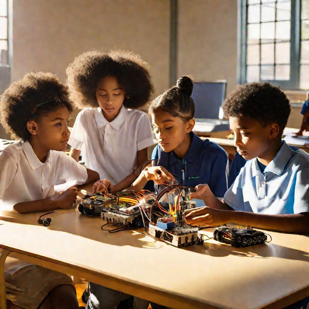 Пятеро школьников за проектом по робототехнике в солнечном классе.