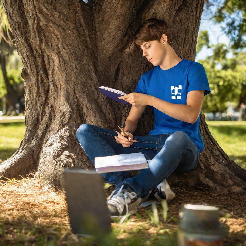 Подросток решает задачи с корнями под деревом